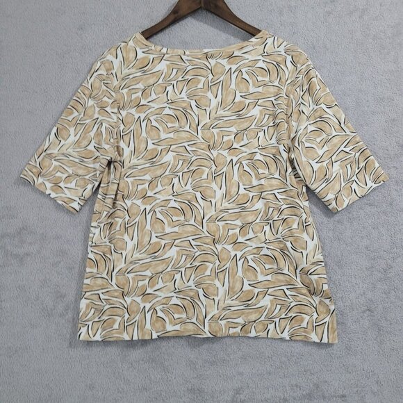 Chico's Womens Leaf Print Top 2/ L Pima Cotton Beige Black JCT - Picture 2 of 6